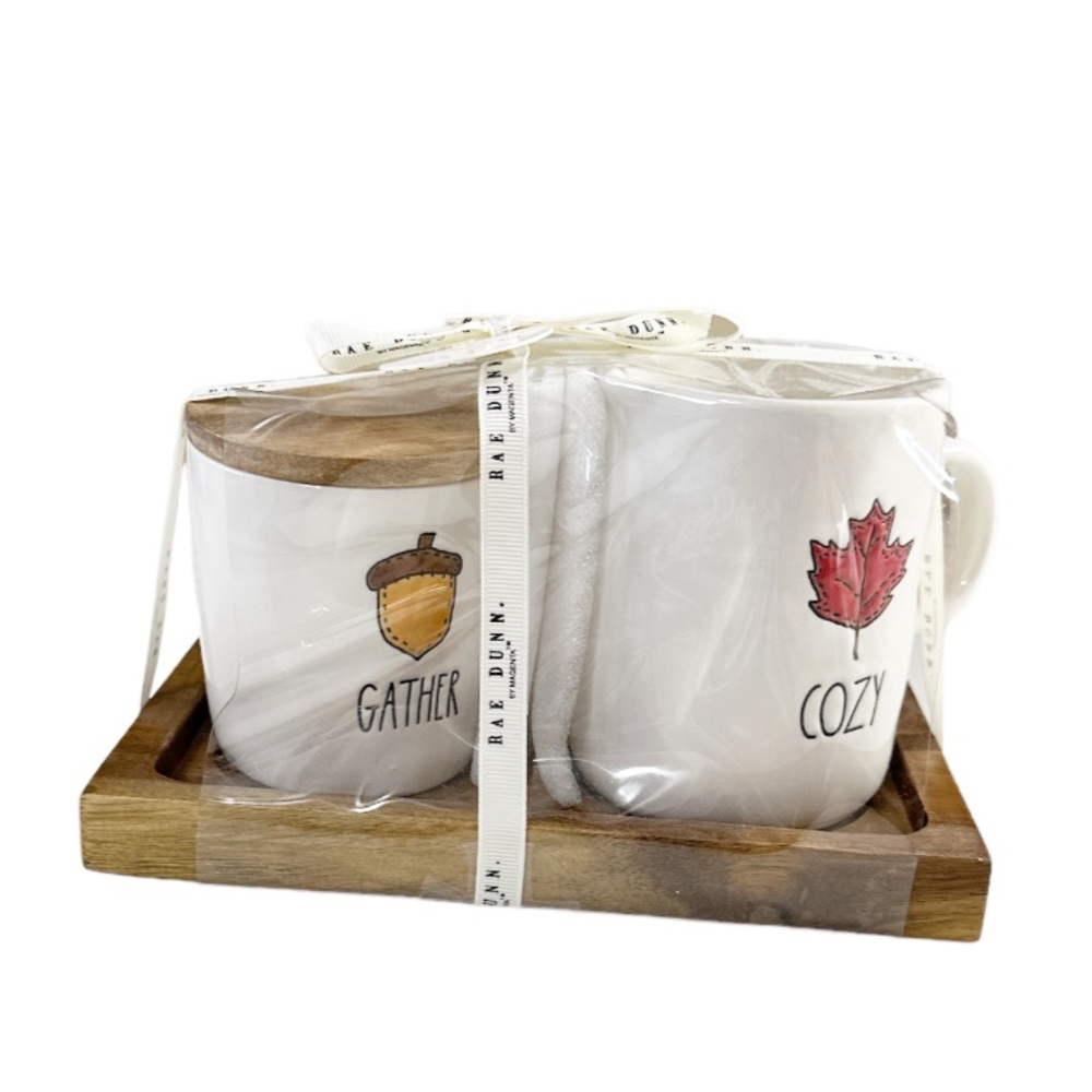 NEW Rae Dunn GATHER/COZY Cream & Sugar Set with Wooden Tray 🍁🍂🍁